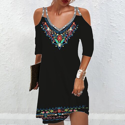 

Women's Casual Dress Mini Dress Black 3/4 Length Sleeve Floral Sequins Fall Spring Autumn Spaghetti Strap Fashion 2022 S M L XL XXL 3XL