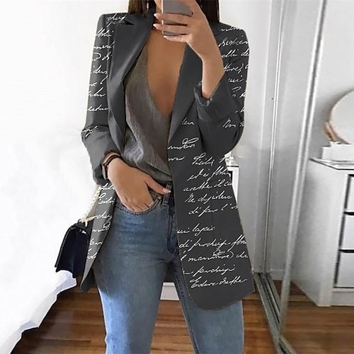 

Women's Blazer Breathable Comfortable Office Work Office / Career Vacation Print Open Front Turndown OL Style Elegant Modern Office / career Letter Regular Fit Outerwear Long Sleeve Winter Fall Black