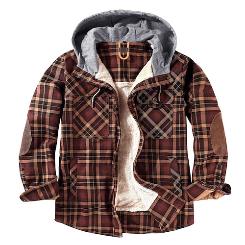 

Men's Winter Jacket Shirt Jacket Winter Coat Sherpa jacket Hoodie Jacket Flannel Jacket Warm Casual Jacket Outerwear Plaid / Check Green Coffee Gray