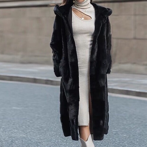 

Women's Faux Fur Coat Warm Comfortable Outdoor Daily Wear Vacation Going out Pocket Cardigan Hoodie Modern Comfortable Street Style Solid Color Regular Fit Outerwear Long Sleeve Winter Fall Black S M