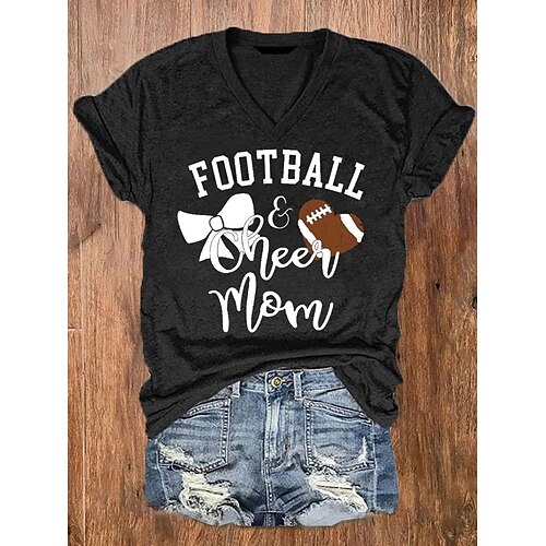 

Women's T shirt Tee Football Is My Favorite Season Heart Casual Weekend Painting T shirt Tee Short Sleeve Print V Neck Basic White Black Blue S