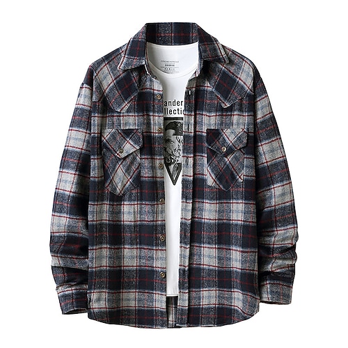 

Men's Flannel Shirt Shirt Jacket Shacket Plaid / Check Turndown Black / Gray Blue Beige Print Street Daily Long Sleeve Button-Down Clothing Apparel Fashion Casual Comfortable / Beach