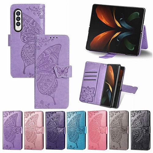 

Phone Case For Samsung Galaxy Wallet Card Z Fold 3 Z Fold 4 with Wrist Strap Card Holder Slots Kickstand Solid Colored PC PU Leather