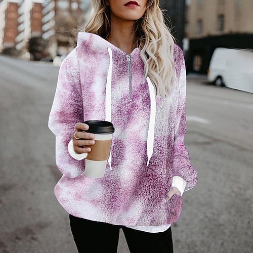 

Women's Pullover Hoodie Sweatshirt Pullover Streetwear Casual Sherpa Fleece Pocket Quarter Zip Blue Purple Yellow Tie Dye Daily Hooded Long Sleeve Fleece S M L XL XXL 3XL