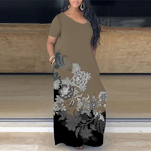 

Women's Plus Size Holiday Dress Floral V Neck Print Short Sleeve Spring Summer Casual Maxi long Dress Causal Daily Dress