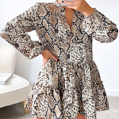 

Women's A Line Dress Casual Dress Short Mini Dress Khaki Long Sleeve Leopard Ruched Fall Winter V Neck Casual Loose 2022 S M L XL XXL 3XL