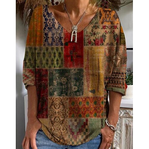 

Women's T shirt Tee Graphic Casual Weekend Painting T shirt Tee 3/4 Length Sleeve Print V Neck Basic Ethnic Yellow S / 3D Print