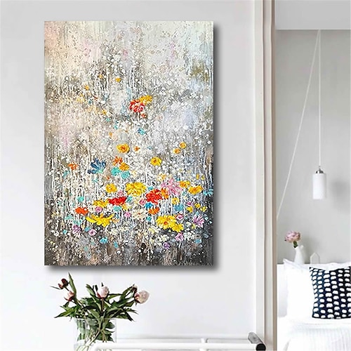 

Oil Painting Handmade Hand Painted Wall Art Abstract Modern Flowers Plants Yellow Grey Home Decoration Decor Stretched Frame Ready to Hang