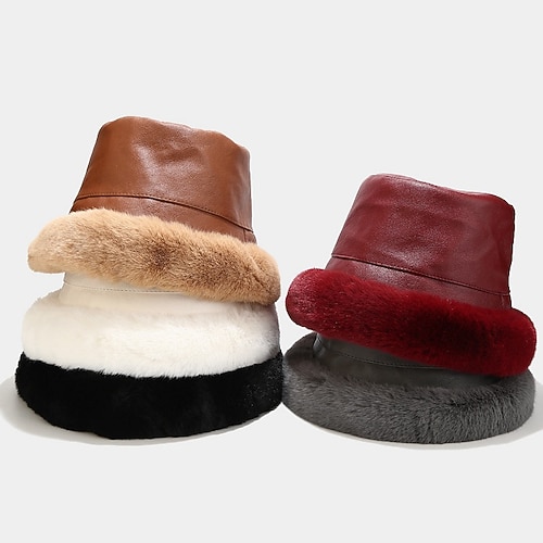 

Fashion Women's Winter Thick Warm Bucket Hats Faux Fur Leahter Keep Warm Female Elegant Bucket Hat Solid Bucket Hat