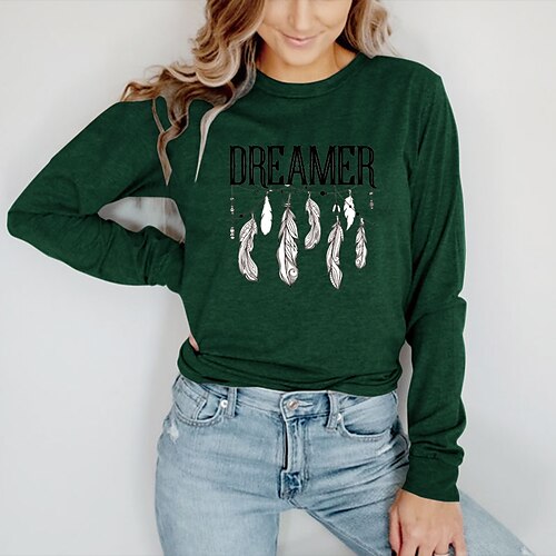 

Women's T shirt Tee Graphic Feather Letter Casual Daily Holiday Painting T shirt Tee Long Sleeve Print Round Neck Basic Green Blue Yellow S