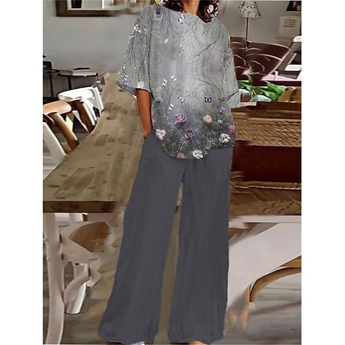 

Women's Loungewear Sets Nighty 2 Pieces Flower Fashion Comfort Home Street Cotton Spandex Jersey Crew Neck Short Sleeve T shirt Tee Pant Spring Summer Gray