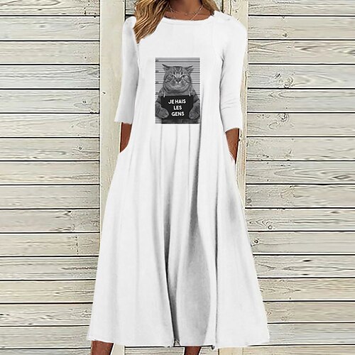 

Women's Casual Dress Shift Dress Midi Dress White 3/4 Length Sleeve Cat Letter Animal Ruched Print Fall Spring Round Neck Casual Vacation 2022 S M L XL XXL 3XL