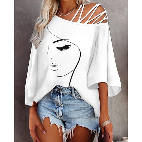 

Women's T shirt Tee White Portrait Cold Shoulder Print 3/4 Length Sleeve Casual Weekend Basic One Shoulder Regular Portrait Painting S / 3D Print