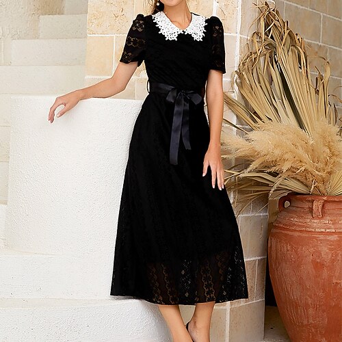 

Women's Lace Dress A Line Dress Maxi long Dress Black Yellow Short Sleeve Print Pure Color Lace up Print Fall Spring Shirt Collar Fashion Modern 2022 S M L XL / Summer