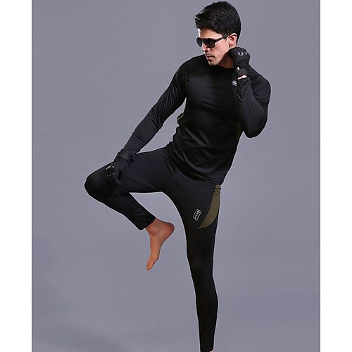 

Men's Activewear Set Compression Suit Patchwork 2 Piece Athletic Long Sleeve Spandex Breathable Quick Dry Moisture Wicking Fitness Running Jogging Sportswear Activewear Color Block Light Brown Black