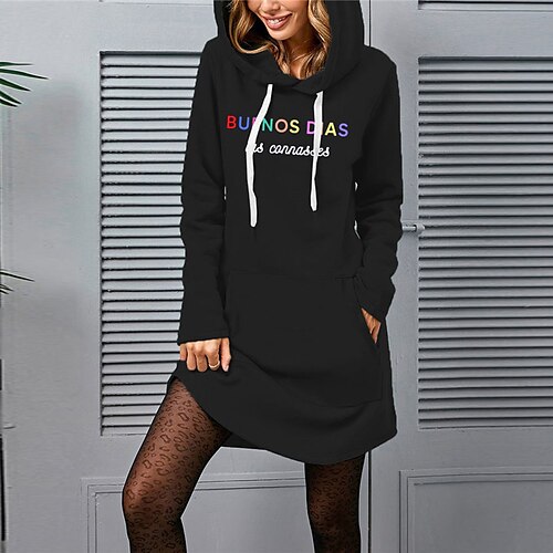 

Women's Shift Dress Short Mini Dress White Black Blue Long Sleeve Fall Letter Pocket Print Fall Winter Hooded Casual 2022 S M L XL XXL 3XL