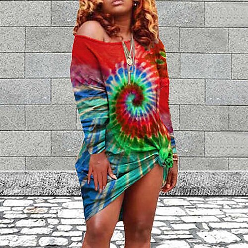 

Women's Casual Dress T Shirt Dress Tee Dress Green Blue Yellow Long Sleeve Tie Dye Print Winter Fall Off Shoulder Winter Dress Fall Dress Loose Fit 2022 S M L XL 2XL 3XL 4XL 5XL