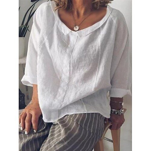 

Women's Plus Size Tops Blouse Shirt Plain Long Sleeve Round Neck Basic Daily Vacation Spandex Fall Spring White