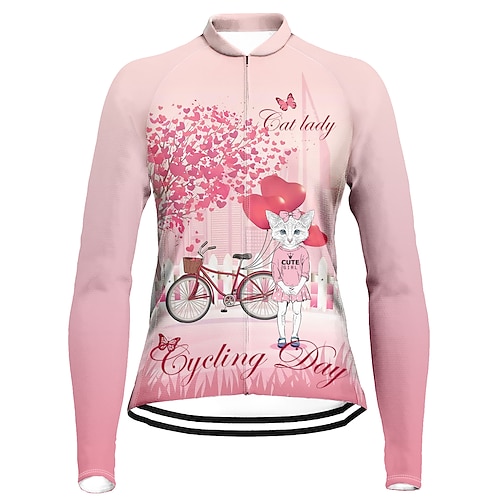 

21Grams Women's Cycling Jersey Long Sleeve Bike Top with 3 Rear Pockets Mountain Bike MTB Road Bike Cycling Breathable Quick Dry Moisture Wicking Reflective Strips Rosy Pink Cat Polyester Spandex