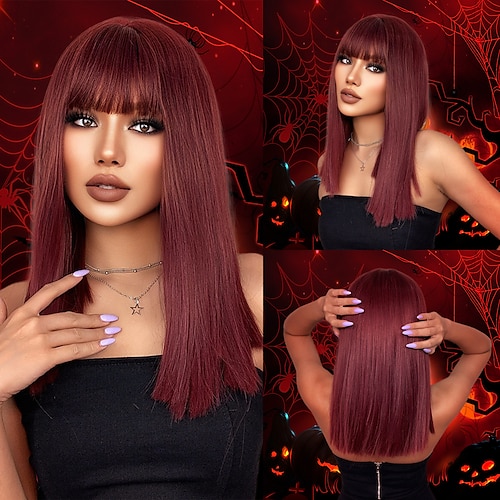 

HAIRCUBE Cosplay Hair Wine Kinky Straight Wigs With Bangs for Women Dark Halloween