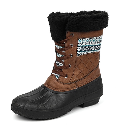 

Women's Boots Outdoor Snow Boots Plus Size Mid Calf Boots Winter Flat Heel Round Toe Sporty Casual Classic Walking Shoes PU Leather Lace-up Color Block Black Khaki Brown