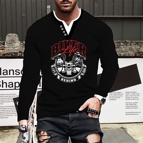 

Men's T shirt Tee Hot Stamping Graphic Letter V Neck Street Daily Button-Down Print Long Sleeve Tops Designer Casual Fashion Comfortable Black