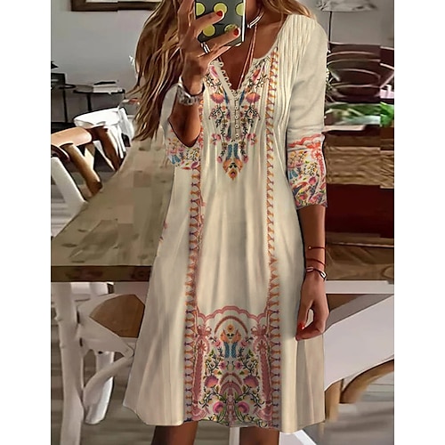 

Women's A Line Dress Knee Length Dress Khaki 3/4 Length Sleeve Print Ruched Button Print Fall Winter V Neck Boho 2022 S M L XL 2XL 3XL