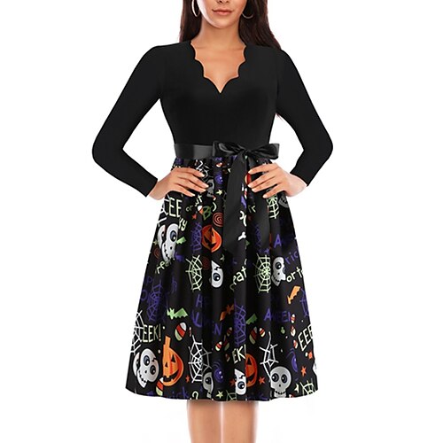 

Women's A Line Halloween Dress Swing Dress Knee Length Dress Black Long Sleeve Abstract Skull Pumpkin Ruched Bow Print Fall Winter V Neck Stylish Vintage 2022 S M L XL XXL 3XL