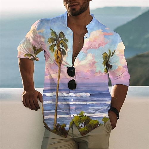 

Men's Shirt Coconut Tree Stand Collar Blue Long Sleeve 3D Print Outdoor Casual Button-Down Print Tops Fashion Designer Casual Comfortable / Sports