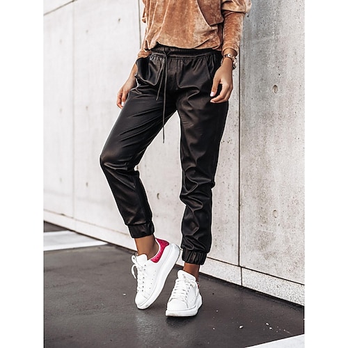 

Women's Joggers Chinos Faux Leather khaki Black Mid Waist Fashion Casual Weekend Side Pockets Micro-elastic Ankle-Length Comfort Plain S M L XL 2XL