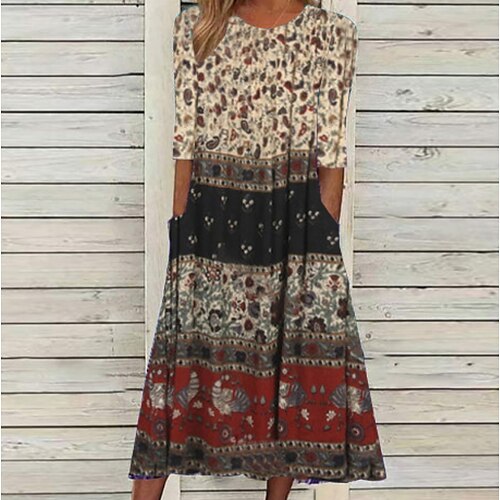 

Women's Casual Dress Midi Dress Khaki Half Sleeve Print Fall Spring Autumn Crew Neck Fashion Weekend 2022 S M L XL XXL 3XL