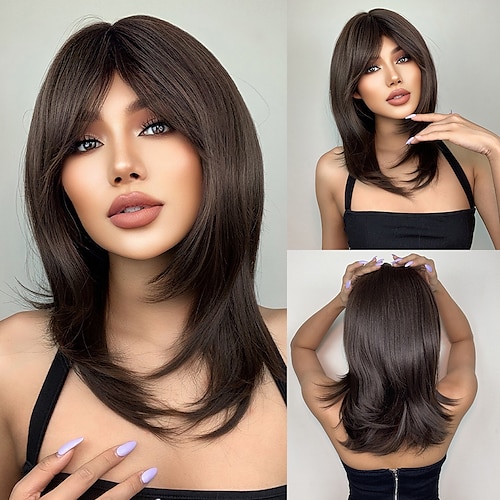

HAIRCUBE Dark Brown Long LayeredHair With Bangs for African American Women Daily
