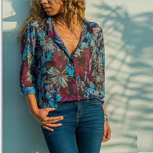 

Women's Blouse Leaves Daily Weekend Blouse Shirt Long Sleeve Print Shirt Collar Casual Red S
