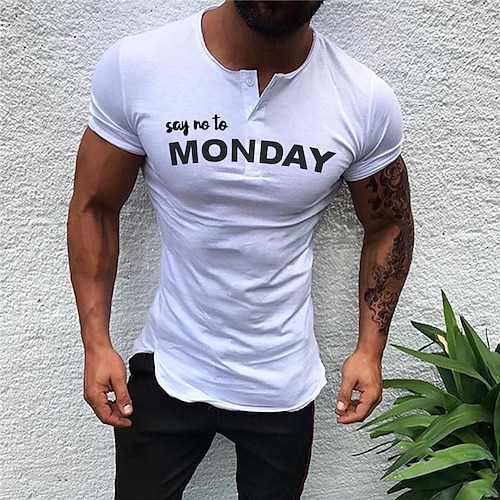 

Men's T shirt Tee Graphic Letter Henley White Short Sleeve Hot Stamping Street Daily Button-Down Tops Casual Comfortable / Summer / Summer