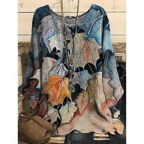 

Women's Shirt Graphic Abstract Leaf Daily Weekend Floral Shirt Long Sleeve Print Round Neck Casual Streetwear Blue Yellow S / 3D Print