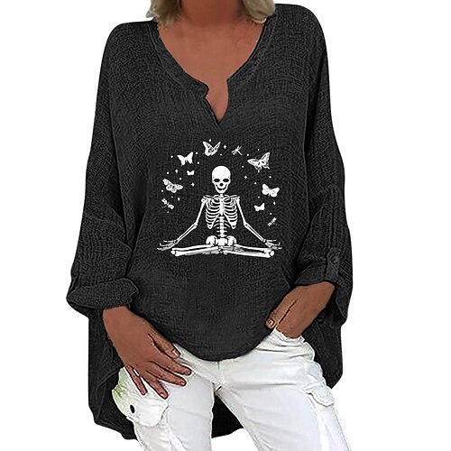 

Women's Shirt Blouse Black Navy Blue Blue Skull Butterfly Print Long Sleeve Halloween Weekend Streetwear Casual V Neck Long Loose Fit Butterfly S