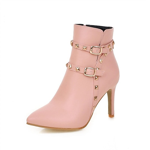 

Women's Boots Daily Booties Ankle Boots Winter Rivet Buckle Stiletto Heel Pointed Toe Minimalism PU Leather Zipper Solid Colored Black Rosy Pink Beige