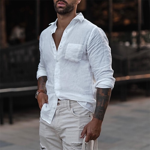 

Homme Chemise Lin Chemise Chemisette Chemise d'été Chemise de plage Blanche manche longue Couleur unie Col rabattu Eté Plein Air du quotidien Vêtement Tenue Bouton bas