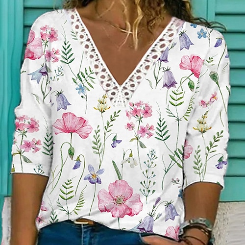 

Women's Plus Size Tops T shirt Tee Floral Lace Print Long Sleeve V Neck Streetwear Daily Vacation Polyester Fall Winter Blue Pink