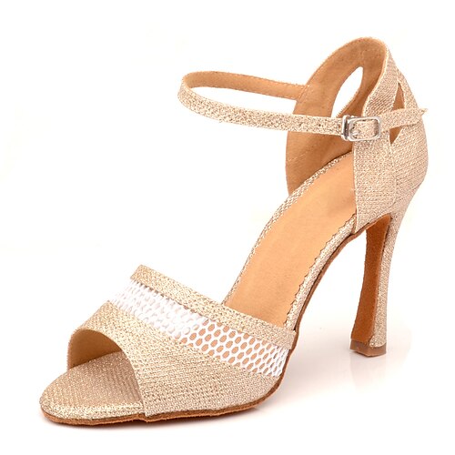 

Women's Latin Shoes Dance Shoes Professional ChaCha Rumba Stylish Glitter Mesh Customized Heel Buckle Ankle Strap Adults' Champagne / Leather