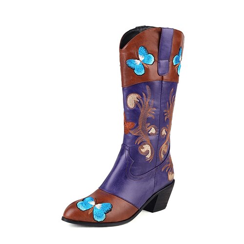 

Women's Boots Cowboy Boots Mid Calf Boots Embroidery Chunky Heel Pointed Toe Vintage Daily PU Leather Loafer Fall Winter Embroidered Blue