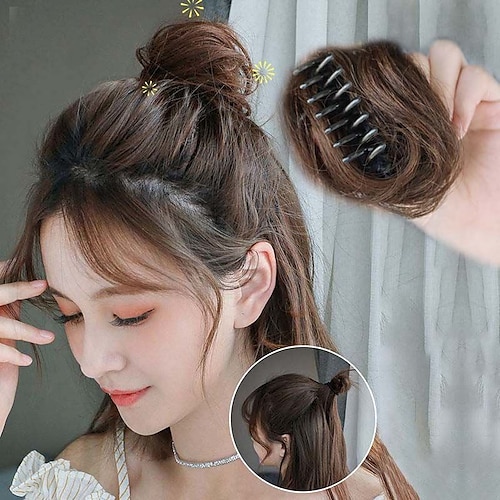 

chignons Hair Bun Ponytail with Claw Synthetic Hair Hair Piece Hair Extension Bouncy Curl Party Daily Wear Party & Evening Dark Brown Curls - Large Brown Black Curly Hair - Large Brown Black Curly