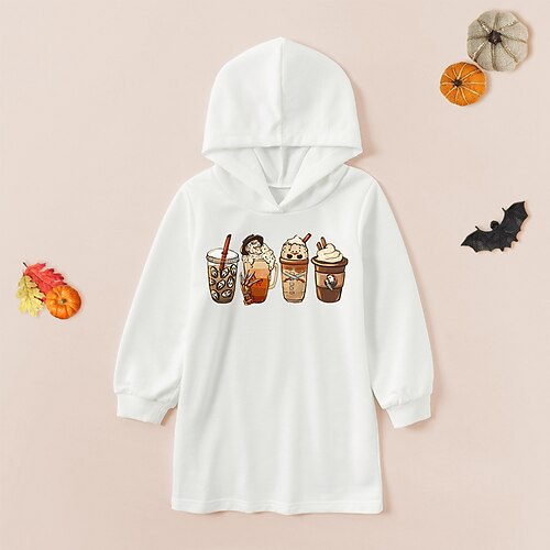 

Kids Little Girls' Dress Graphic Skull Halloween Daily Print White Above Knee Long Sleeve Casual Dresses Halloween Fall Spring 2-8 Years