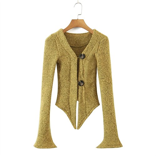 

Women's Cardigan Sweater Jumper Crochet Knit Knitted Button Solid Color V Neck Stylish Casual Daily Holiday Flare Cuff Sleeve Fall Winter clip flower yellow clip flower black S M L / Long Sleeve