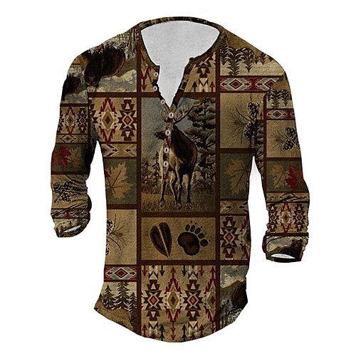 

Men's T shirt Tee Henley Shirt Tee Graphic Animal Henley Brown Long Sleeve 3D Print Plus Size Outdoor Daily Button-Down Print Tops Basic Classic Comfortable Big and Tall / Sports