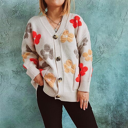 

Women's Cardigan Sweater Jumper Ribbed Knit Knitted Floral V Neck Stylish Casual Daily Holiday Fall Winter Beige S M L / Long Sleeve