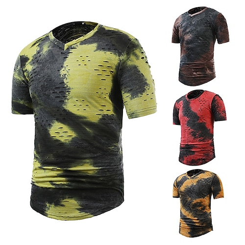 

Men's T shirt Tee Tie Dye V Neck Wine Yellow Orange Coffee Print Street Holiday Short Sleeve Clothing Apparel Fashion Casual Comfortable / Summer / Spring / Summer