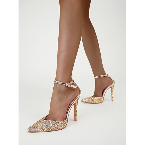 

Damen Absätze Sandalen mit Knöchelriemen Party Strand Sommer Paillette Pumps Spitze Zehe PU Leder Schnalle Silber Gold