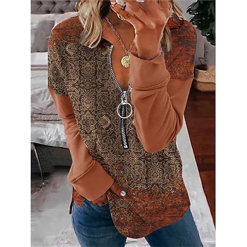 

Women's Sweatshirt Pullover Quarter Zipper Hoodie Vintage Sportswear Casual Patchwork Half Zip Print Orange Graphic Prints Loose Fit Casual Half Zipper Long Sleeve S M L XL XXL 3XL / 3D Print