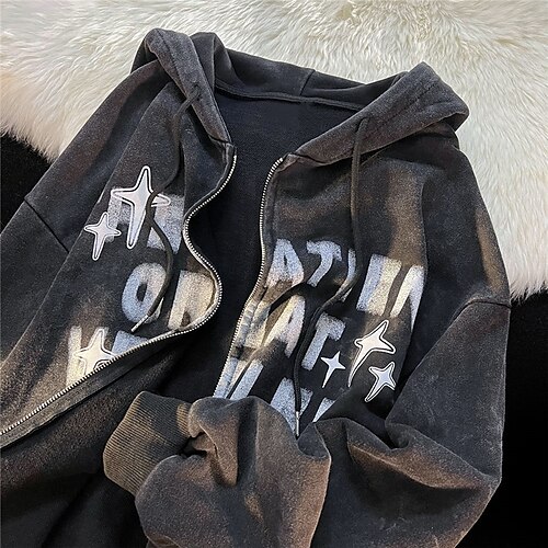 

Women's Zip Hoodie Sweatshirt Pullover Text Stars Zipper Print Daily Sports Hot Stamping Active Streetwear Clothing Apparel Hoodies Sweatshirts Green Black